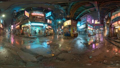 Night street scene, rain-slicked, neon lights, urban