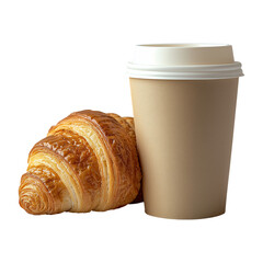 Fresh croissant and paper coffee cup isolated on white background perfect for breakfast ads