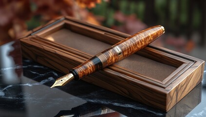 Naklejka premium Exquisite wooden fountain pen in a matching box