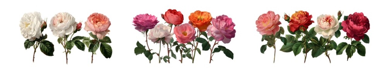 Fototapeta premium Colorful rose blossoms in various shades. isolated on transparent background