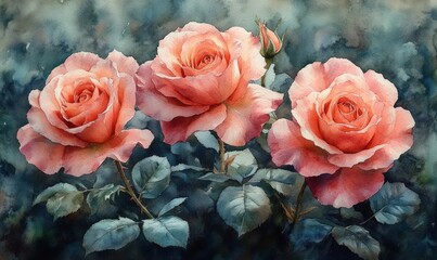 Watercolor roses in a garden setting
