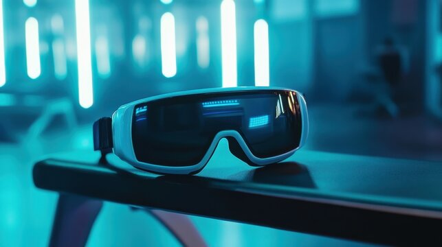 Augmented reality sports goggles on futuristic training bench