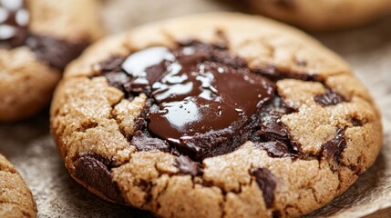 Fototapeta premium Cookie close-up with chocolate gently oozing from the center