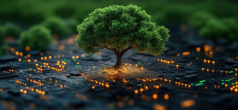 A vibrant tree grows amidst a futuristic, illuminated network