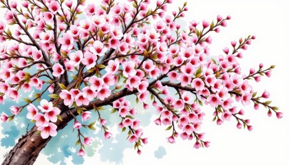 Fototapeta premium Captivating painting of a blossoming tree with vibrant pink flowers, tranquil spring scene