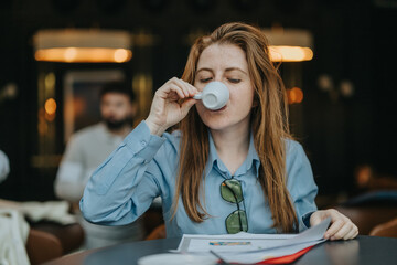 A woman wearing a blue shirt and glasses drinks coffee while reviewing papers in a cozy cafe. The ambiance is modern, relaxed, and professional, perfect for both work and leisure.