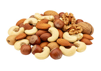 Isolated Heap of Mixed Nuts with Hazelnuts, Almonds, Cashews, and Walnuts
