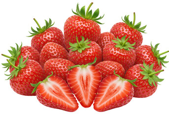 Isolated Pile of Fresh Strawberries with Sliced Halves