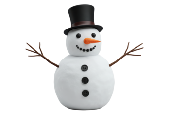 Isolated Cheerful Snowman with Carrot Nose and Black Hat