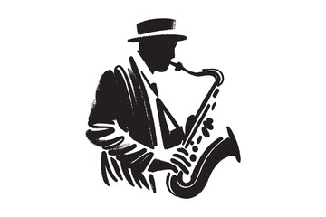 Man playing saxophone silhouette, bold ink sketch, vector illustration   © Victoria