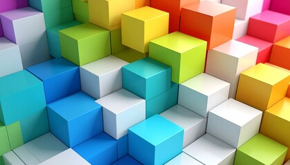 Color-blocked paper stacks arranged in a cascading stair layout, each block reflecting soft gloss under top lighting