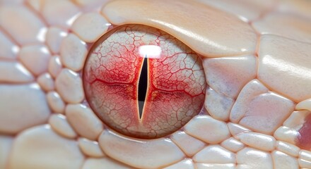 Intense Gaze: Close-up of a captivating albino snake eye, revealing intricate details and a piercing stare that invites viewers to explore the mystery and allure of the serpent.