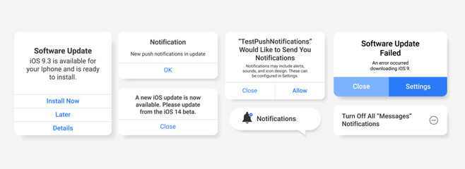 iOS-style update and notification UI widgets. Includes system alerts, push permissions, error messages, and install prompts. Ideal for mobile app UX design and interface mockups.