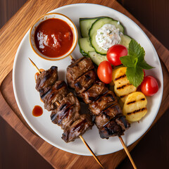 Savory skewers served with fresh vegetables and dipping sauce for dinner Generative AI