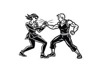 Silhouette of fighting couple tension isolated on a white background