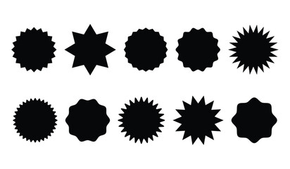 Set Black Starburst sunburst shape,
Set Blank price, sale, discount  stickers,
Circle sticker set, Star burst shape tags for price, 
Flat vintage labels.