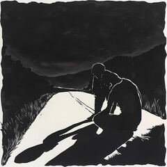 Two figures seated on the road under a dark sky at twilight Generative AI