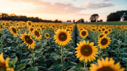 Fototapeta premium Vibrant Sunflower Field at Sunset: A Golden Landscape of Summer Beauty and Natural Radiance