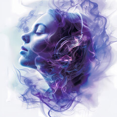 Woman in profile surrounded by purple and blue smoke Generative AI