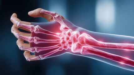 Detailed 3D rende showcases wrist bones and surrounding ligaments with a red glow highlighting potential inflammation or injury within the complex joint anatomy.