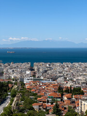aerial view from the castle of the city thessaloniki city in greece with sea vertical