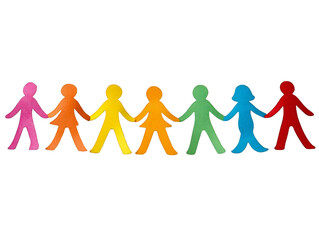 A colorful row of paper cutout people holding hands against a black background in a horizontal line isolated white background
