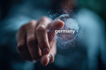 Index finger contacts glowing holographic globe highlighting Germany’s position