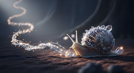 Luminous Snail Trail: Witness a mesmerizing display as a snail leaves behind a sparkling, illuminated trail, casting a magical glow in a captivating and enchanting scene.