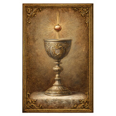 Ornate golden chalice with radiant light in a decorative frame against a neutral background painting isolated white background