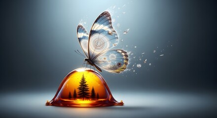 Ethereal Metamorphosis: A delicate butterfly, its wings adorned with intricate patterns, emerges from a crystalline, resinous form. Evoking themes of rebirth, transformation, and natural wonder.