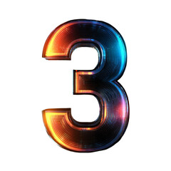 A vibrant metallic number three with orange and blue gradient on a stark black isolated background isolated white background