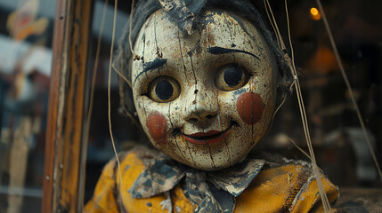 Close up of a wooden marionette with tangled strings 
