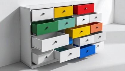 Color-blocked drawers slightly opened at random angles in a sleek monochrome cabinet, casting sharp ambient shadows