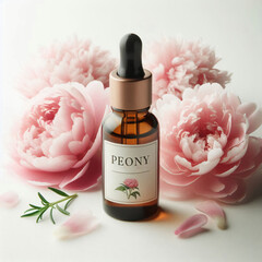 Brown glass dropper bottle labeled Peony with pink peony flowers and green leaves on white background, natural skincare concept.