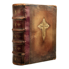 A detailed view of an old book with a cross on the cover against a black background in high resolution isolated white background