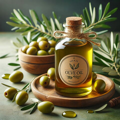 Glass bottle of olive oil with cork stopper on wooden board surrounded by green olives and olive branches, natural cooking ingredients concept.