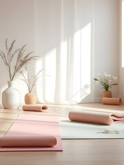 Serene yoga studio interior featuring rolled mats dried flowers and natural light