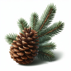 A detailed pine cone rests among green pine needles. The scene captures the natural beauty of a forest setting, emphasizing the textures and colors of the elements.