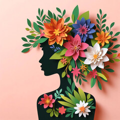 Silhouette of a woman with colorful paper flowers and green leaves forming hair and shoulder decoration on a pink background.