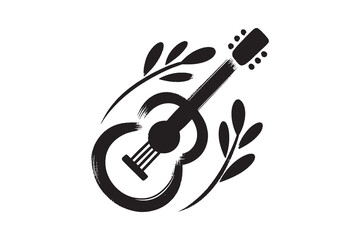 Guitar with leaves, bold ink brush style, vector illustration