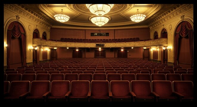 Vintage theater interior, plush seating in rows, golden trim, dramatic lighting casting warm glows, elegant and timeless atmosphere