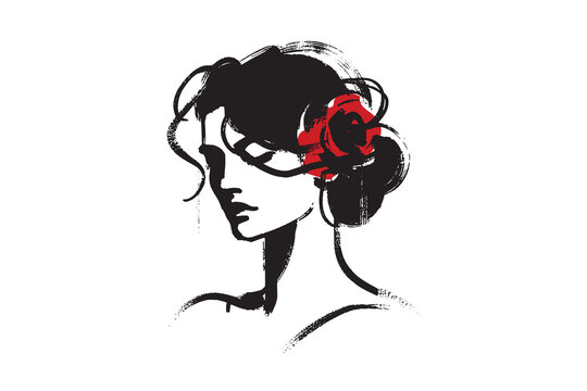 Spanish woman portrait with flower, ink brush style, vector illustration

