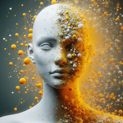 A stylized mannequin head with a fragmented surface, surrounded by colorful spheres and particles in shades of yellow and orange, representing creativity and innovation.