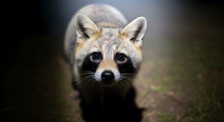 Naklejka premium Curious Raccoon in the Shadows: A captivating portrait of a raccoon emerges from the dim shadows, its gaze direct and inquisitive. The soft lighting accentuates the animal's features.