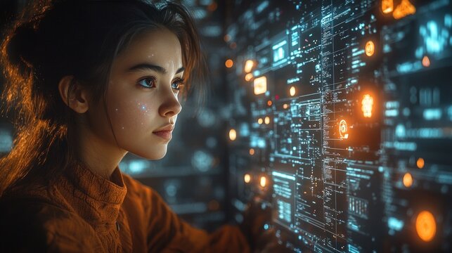 Young woman focused on futuristic holographic interface