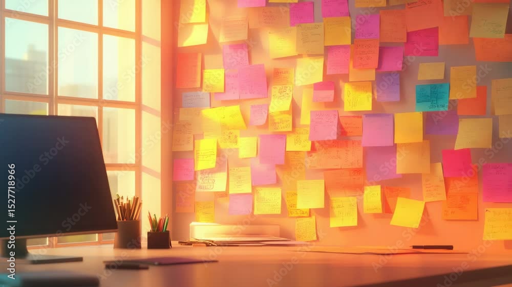 Poster warm sunlight streaming through windows highlighting modern office workspace wall densely covered wi