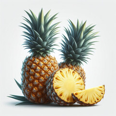 Two whole pineapples and one sliced pineapple with green leaves on a white background, tropical fruit concept.