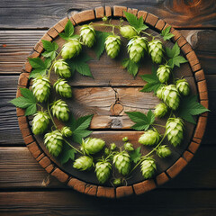 Green hop cones with leaves arranged in a circle on a wooden barrel top and rustic wooden surface, representing brewing ingredients and natural agriculture.