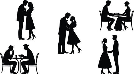 Romantic Couple Silhouettes: Intimate Kisses, Dining, and Gentle Gestures in Black and White Artwork flat vector illustration