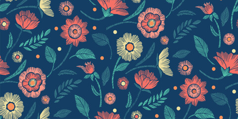 Floral Seamless Pattern with Embroidered Flowers and Leaves Vector